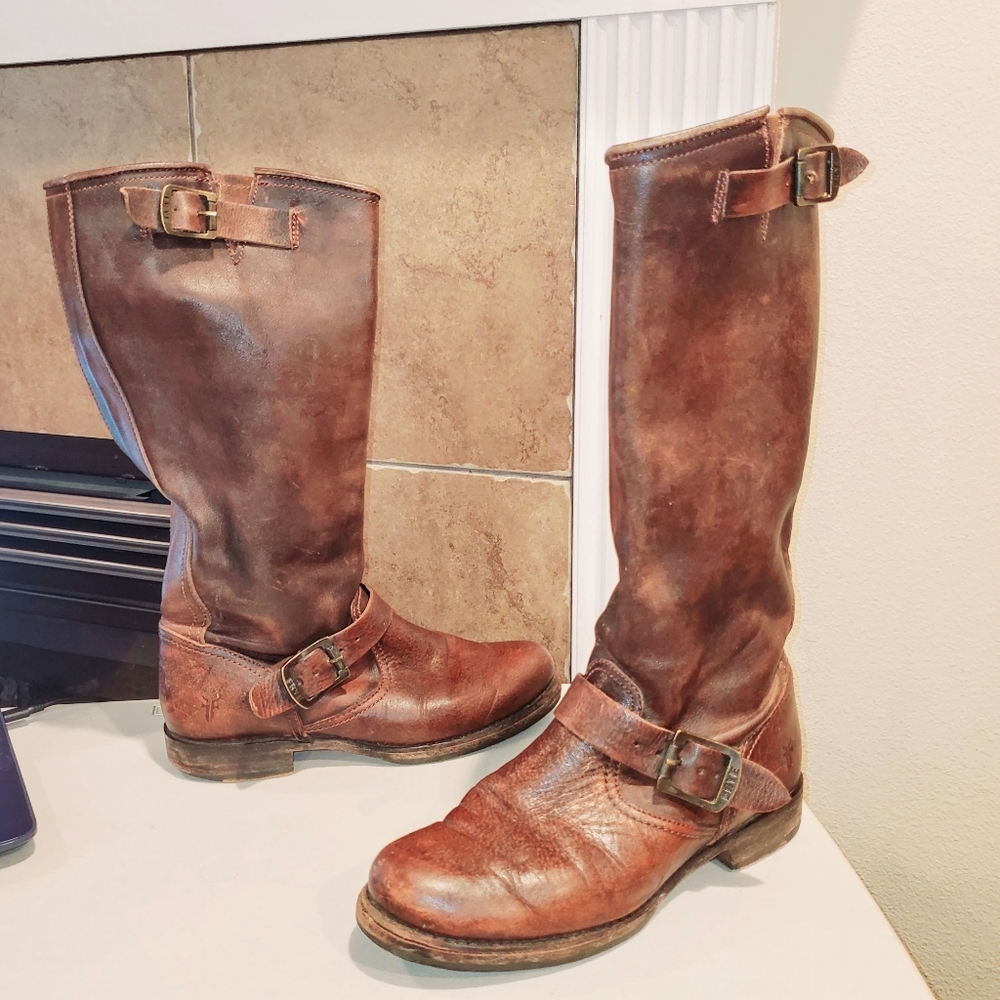 FRYE Veronica Tall Slouch Pull On Buckle Distressed Boots